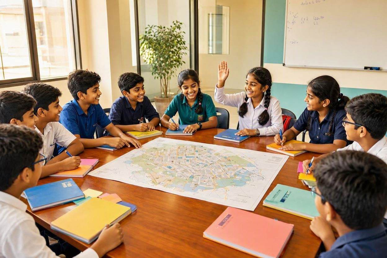 Group of school children collaborating around a table looking at a map.