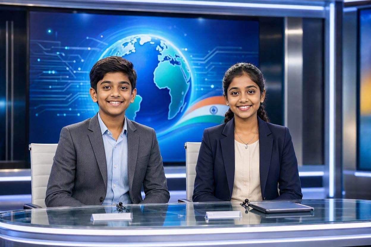 Young boy and girl sitting at news desk.